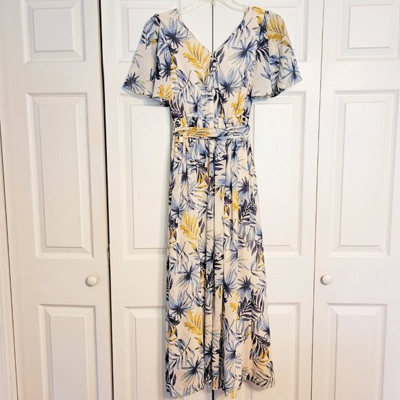 Gal Meets Glam Kiki Palm Leaf Flutter Sleeve Chiffon Dress - Picture 3 of 6